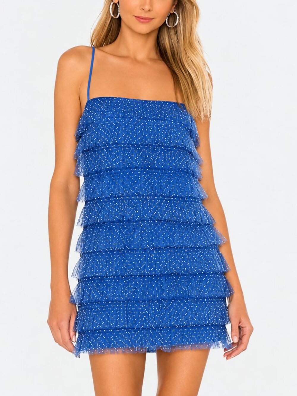 Revolve Lovers & Friends Jane Blue Polka Dot Tulle Tiered Mini Dress SZ XL Y2K